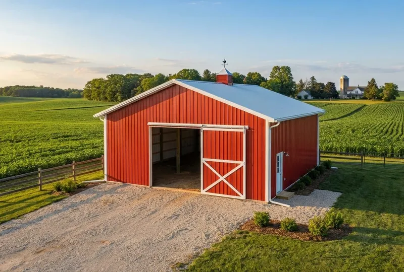 Large red pole barn exterior in rural Michigan
