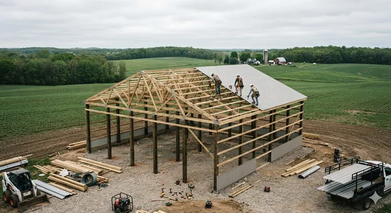 Custom red pole barn construction