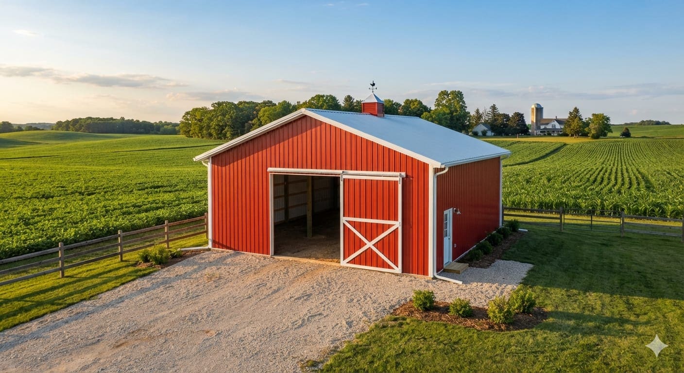 Large red pole barn exterior in rural Michigan